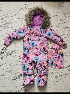 Kids Floral Pink Snowsuit with Hood and Matching Balaclava